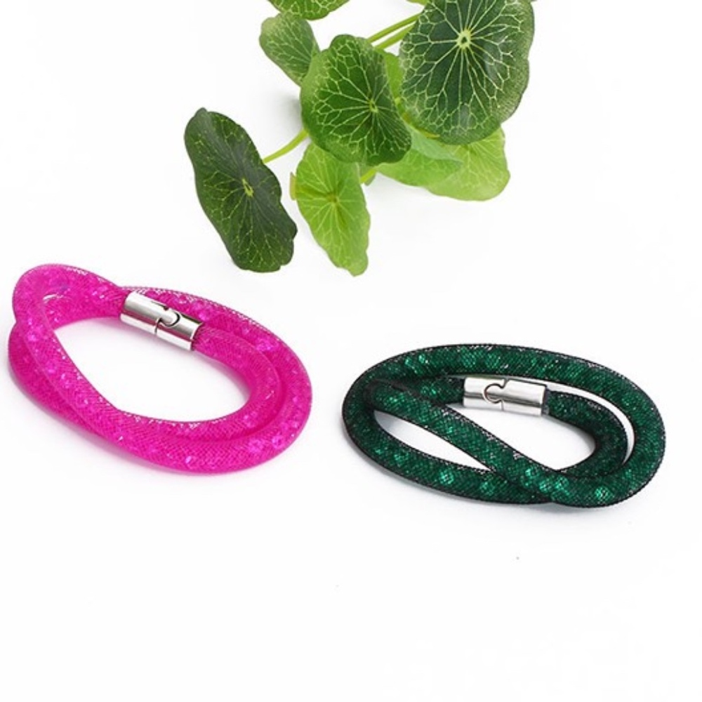 Green Double Mesh Crystal Wrap Bangle Bracelet - Picture 1 of 8
